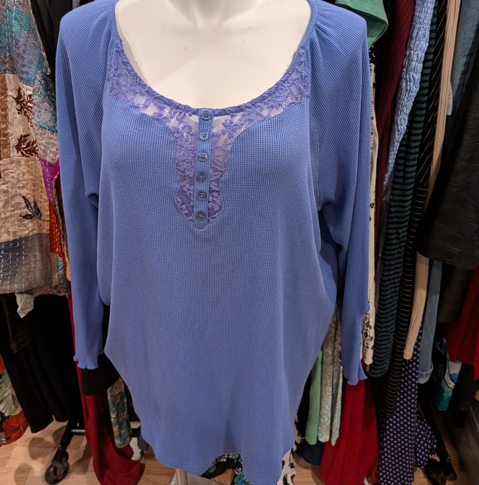 Roaman's Periwinkle Lace Accent Henley Blouse - 26